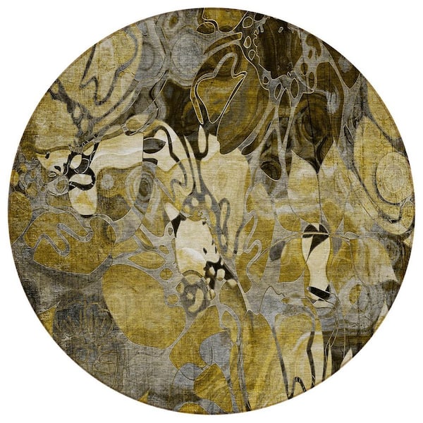 Green, Brown 8 ft. x 8 ft. Woven Abstract Polyester Round Indoor / Outdoor Area Rug