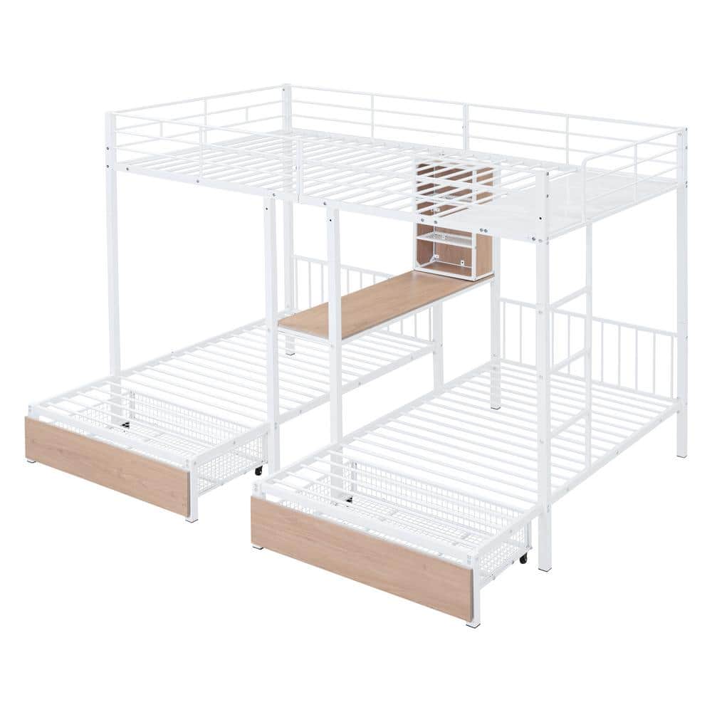 White Metal Triple Bunk Bed with Storage Drawers and Desk