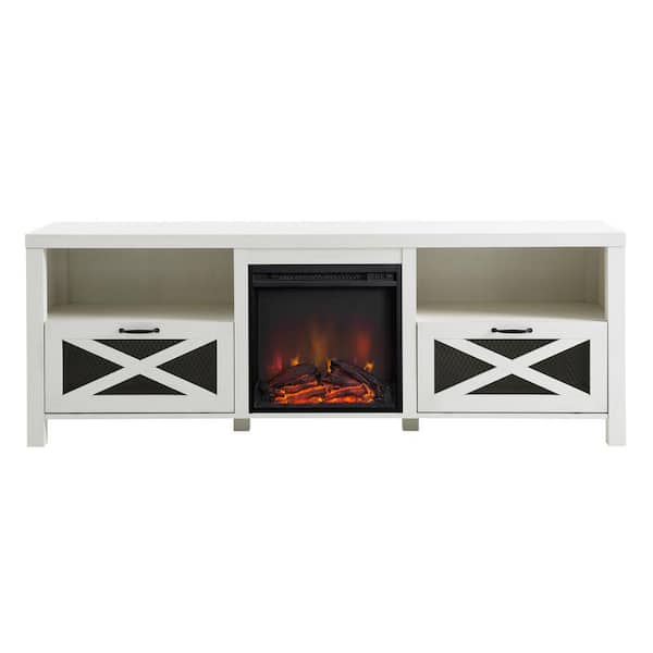 Boyel Living White Industrial Farmhouse Metal Mesh Drop-Down X-Door TV Stand Fits TVs up to 70 to 80 in.