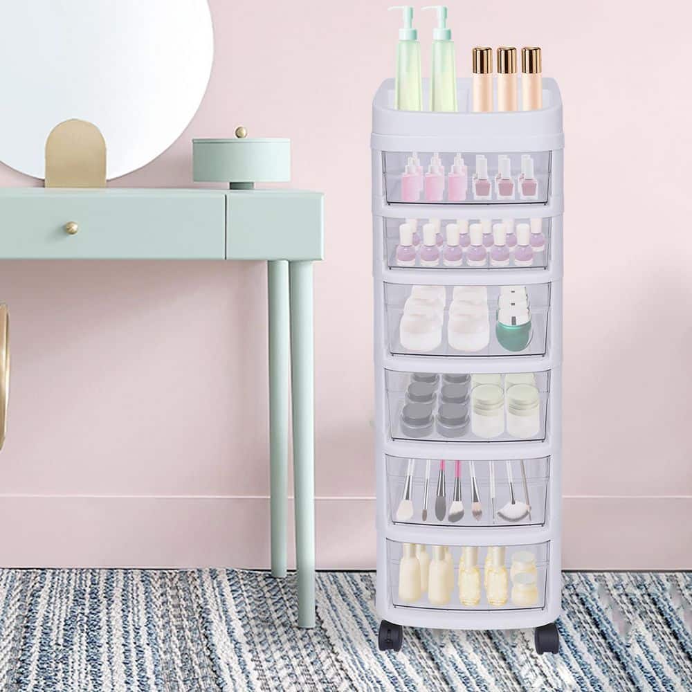 White 6-Tier Plastic Rolling Storage Cart with Clear Drawers