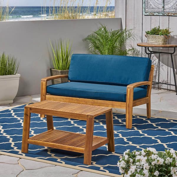 Noble House Grenada Teak Brown 2-Piece Acacia Wood Outdoor Patio Conversation Set with Teal Cushions