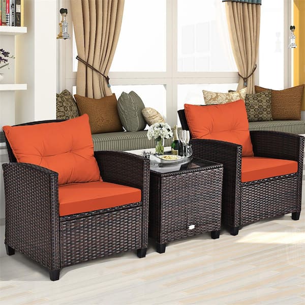3-Piece Wicker Patio Conversation Set Outdoor Rattan Furniture with Orange Cushions