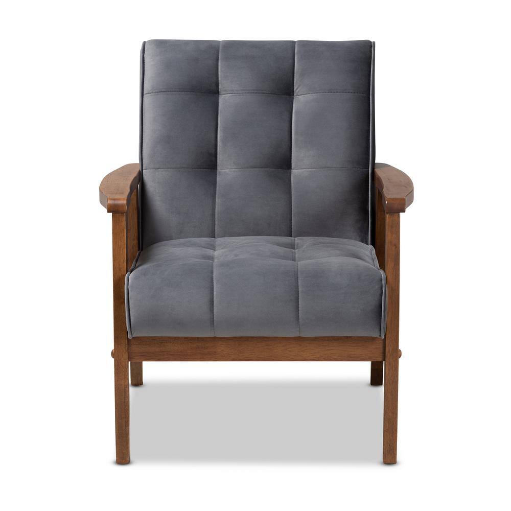 Mid-Century Modern Gray Velvet Accent Chair with Walnut Wood Frame