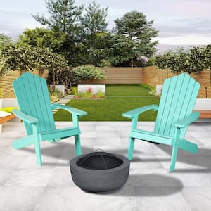 Lanier Green 3-Piece Recycled Plastic Patio Conversation Adirondack Chair Set with a Grey Wood-Burning Firepit