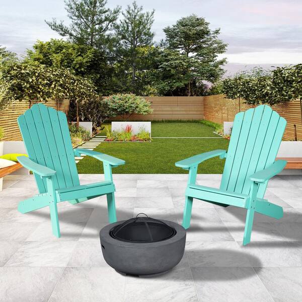 HOOOWOOO Lanier Green 3-Piece Recycled Plastic Patio Conversation Adirondack Chair Set with a Grey Wood-Burning Firepit