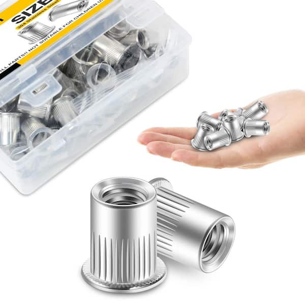 100-Piece #10-24 Rivet Nuts, 304 Stainless Steel Flat Head Rivnut Threaded Insert Nut Knurled Body