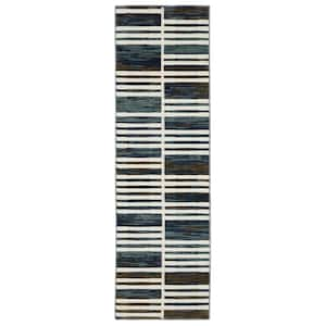 Ross Ivory/Blue 2 ft. x 8 ft. Geometric Stripe Polypropylene/Polyester Fringed Indoor Runner Area Rug