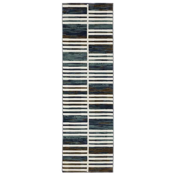 AVERLEY HOME Ross Ivory/Blue 2 ft. x 8 ft. Geometric Stripe Polypropylene/Polyester Fringed Indoor Runner Area Rug
