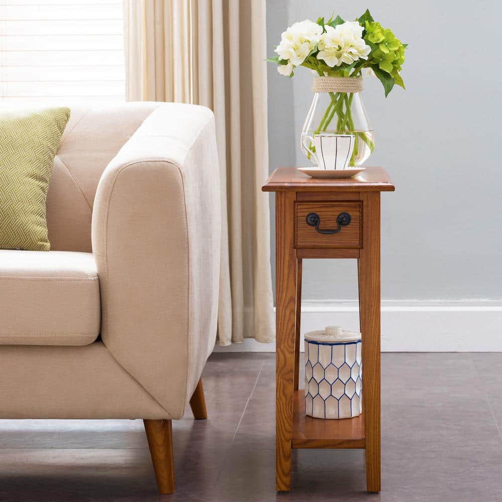 Rustic Oak Narrow Side Table with Drawer and Shelf