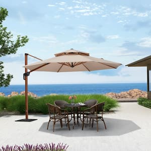 11 ft. Octagon High-Quality Wood Pattern Aluminum Cantilever Polyester Patio Umbrella with Base Plate, Beige