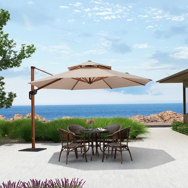 PURPLE LEAF 11 ft. Octagon High-Quality Wood Pattern Aluminum Cantilever Patio Umbrella with Base Plate, Beige