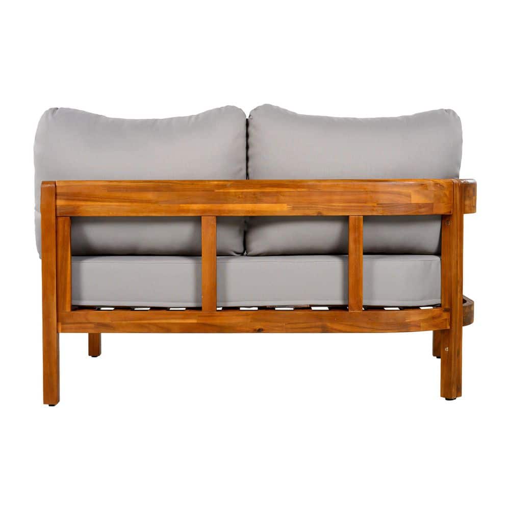 Front view of a wooden outdoor sectional sofa with grey cushions.