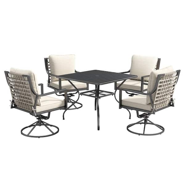 Kelsey Beige 5-Piece Gray Wicker Patio Conversation Set with Outdoor Swivel Chairs and All-Weather Table