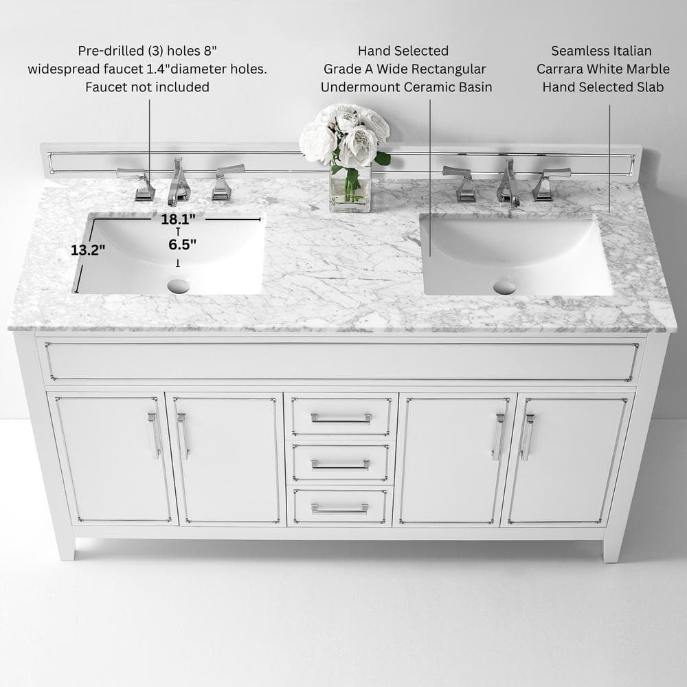 Aspen 60'' White Double Sink Bathroom Vanity with Marble Top