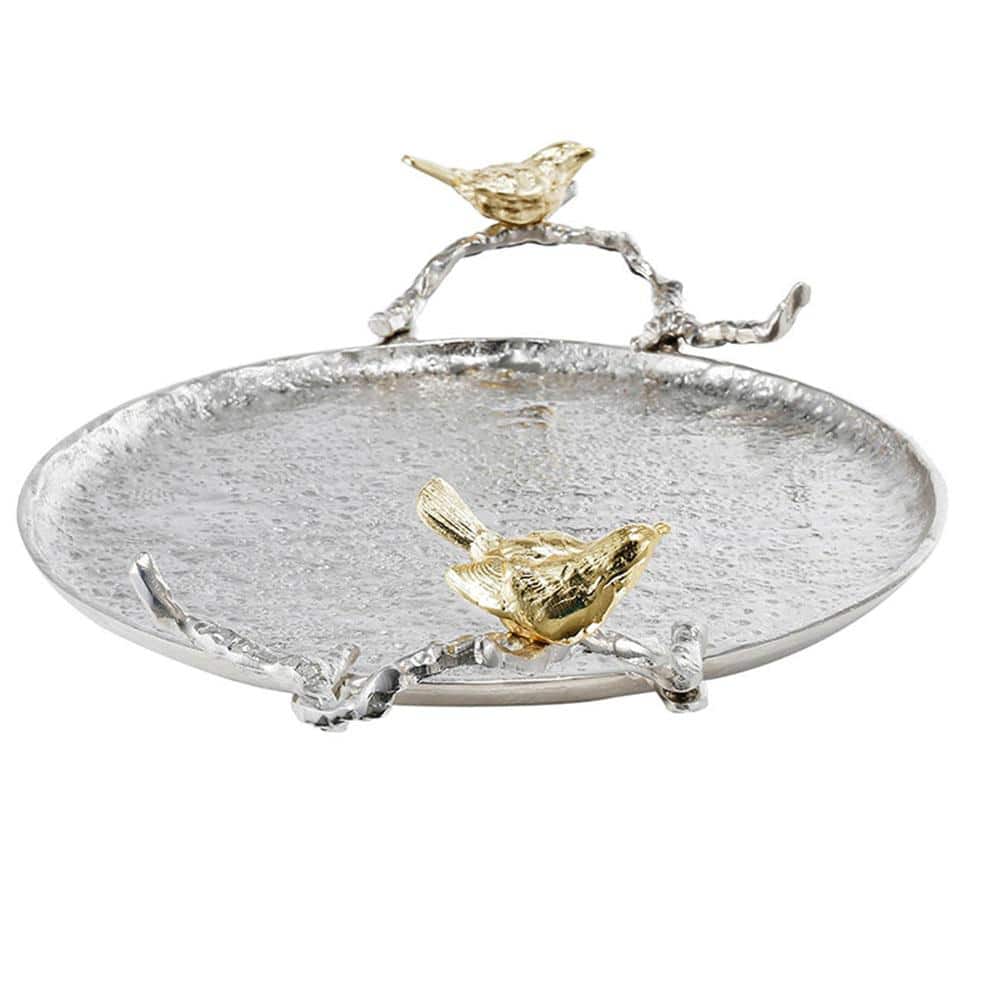 Round Silver Aluminum Serving Tray with Gold Bird Handles