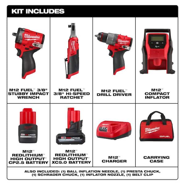 M12 FUEL 12V Lithium-Ion Cordless Drill Driver, Impact Wrench, and Ratchet Combo Kit (4-Tool) with Portable Inflator