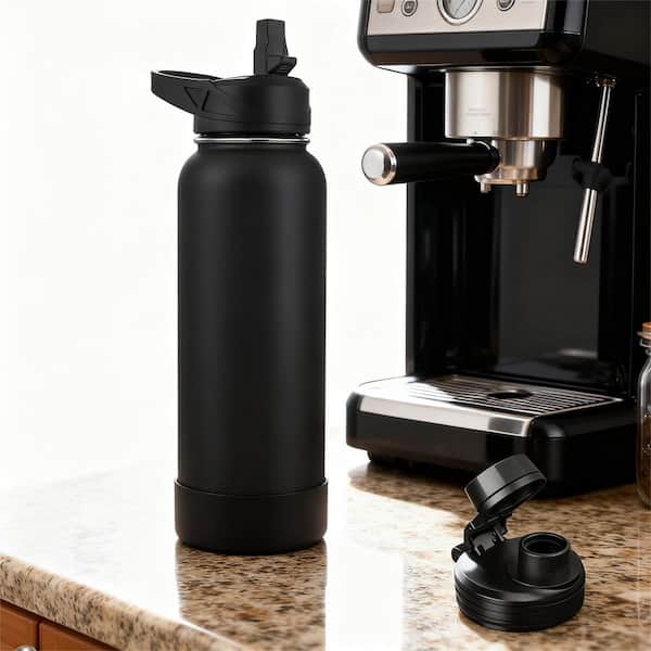 40 oz. Black Stainless Steel Coffee Bottle, Leakproof Vacuum Insulation, 12H Hot, with 3 Lids and Straw, Set of 1
