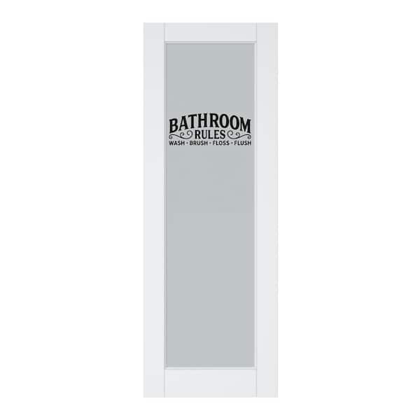 ARK DESIGN 28 in. x 80 in. 1-Lite Tempered Frosted Glass White Primed Solid Core MDF Interior Door Slab with Bathroom Sticker