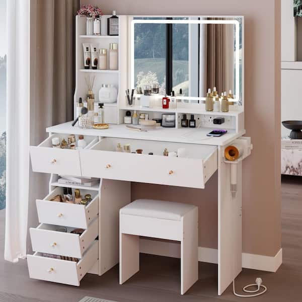 Homy Casa Mory 41 in. White Makeup Vanity Set with Lighted Mirror