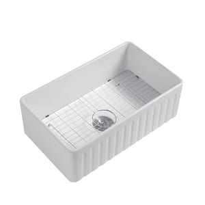 White Ceramic 33 in. Single Bowl Farmhouse Apron Kitchen Sink with Grid and Strainer