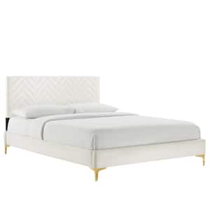 Leah Chevron Tufted White Performance Velvet Frame Full Platform Bed with Gold Metal Legs With Foot Caps
