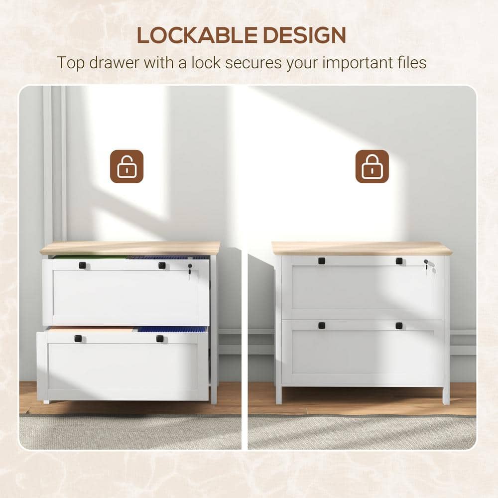 White and Light Wood 2-Drawer Lockable Lateral Filing Cabinet