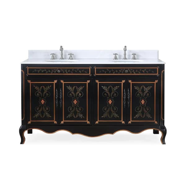 Floral 60.5 in. W x 20.25 in. D x 34.5 in. H Bathroom Vanity in Black with Double Sink White Marble Top