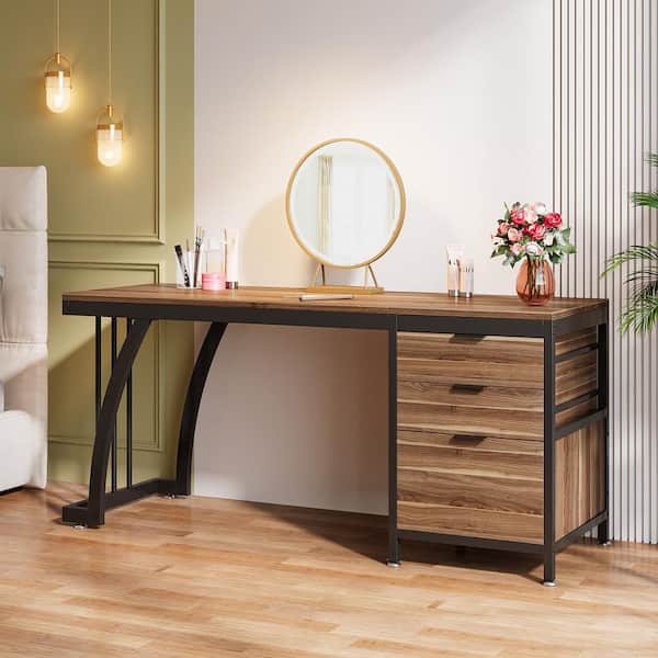 Helotes Walnut Makeup Vanity Desk with 3-Drawers, 59 in. Large Dressing Table with Reversible Drawers Only Desk