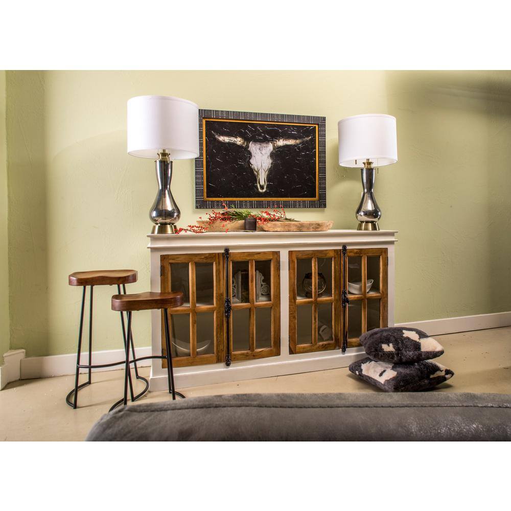 Two-Toned White and Natural Mango Wood Credenza with Tempered Glass