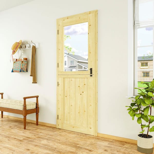 32 in. x 80 in. Solid Pine Universal 1-Lite Clear Glass Unfinished Dutch Wood Prehung Front Door+Quick Assemble Jamb