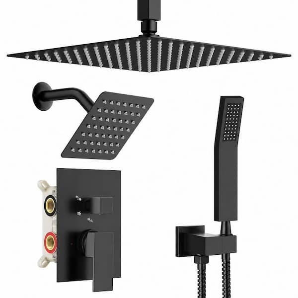 Matte Black Dual Shower Head System with 12 in. Rainfall, 6 in. Wall Mount, Handheld Spray and 6-Diverter Valve