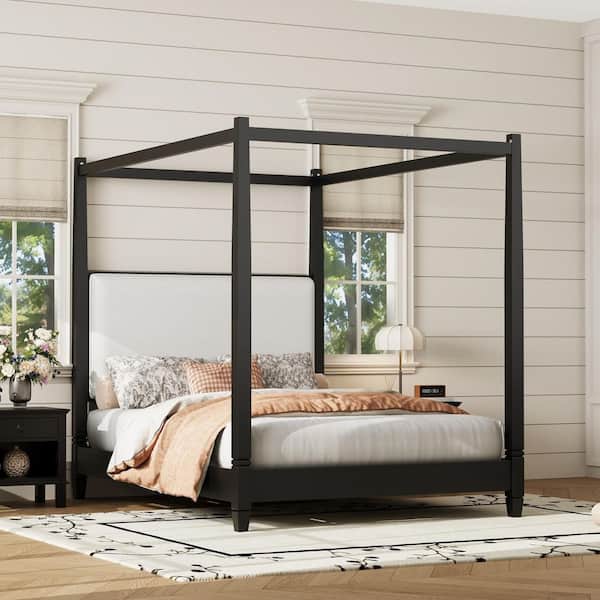 Black Wood Frame Queen Size Canopy Bed Platform Bed with Linen Upholstery Headboard