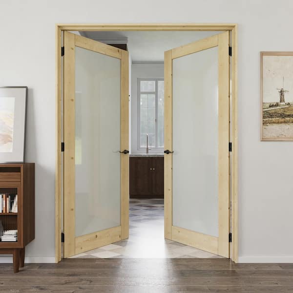 60 in. x 80 in. 1 Lite Frosted Glass Universal Unfinished Pine Solid Wood Double Prehung French Door+Quick Assemble Jamb