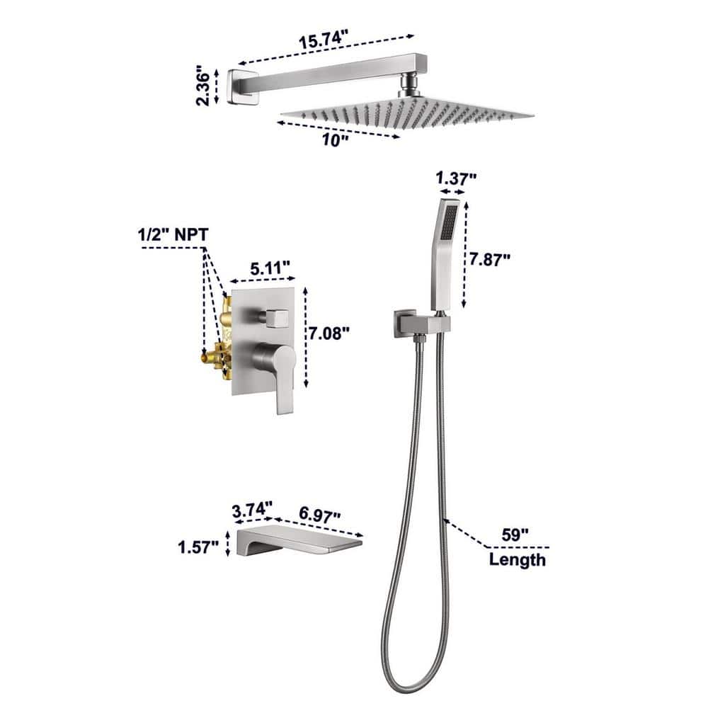 Brushed Nickel 10" Rain Shower Faucet Set with Handheld