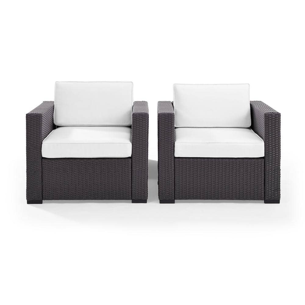 Biscayne White Cushioned Resin Wicker Patio Arm Chairs, Set of 2