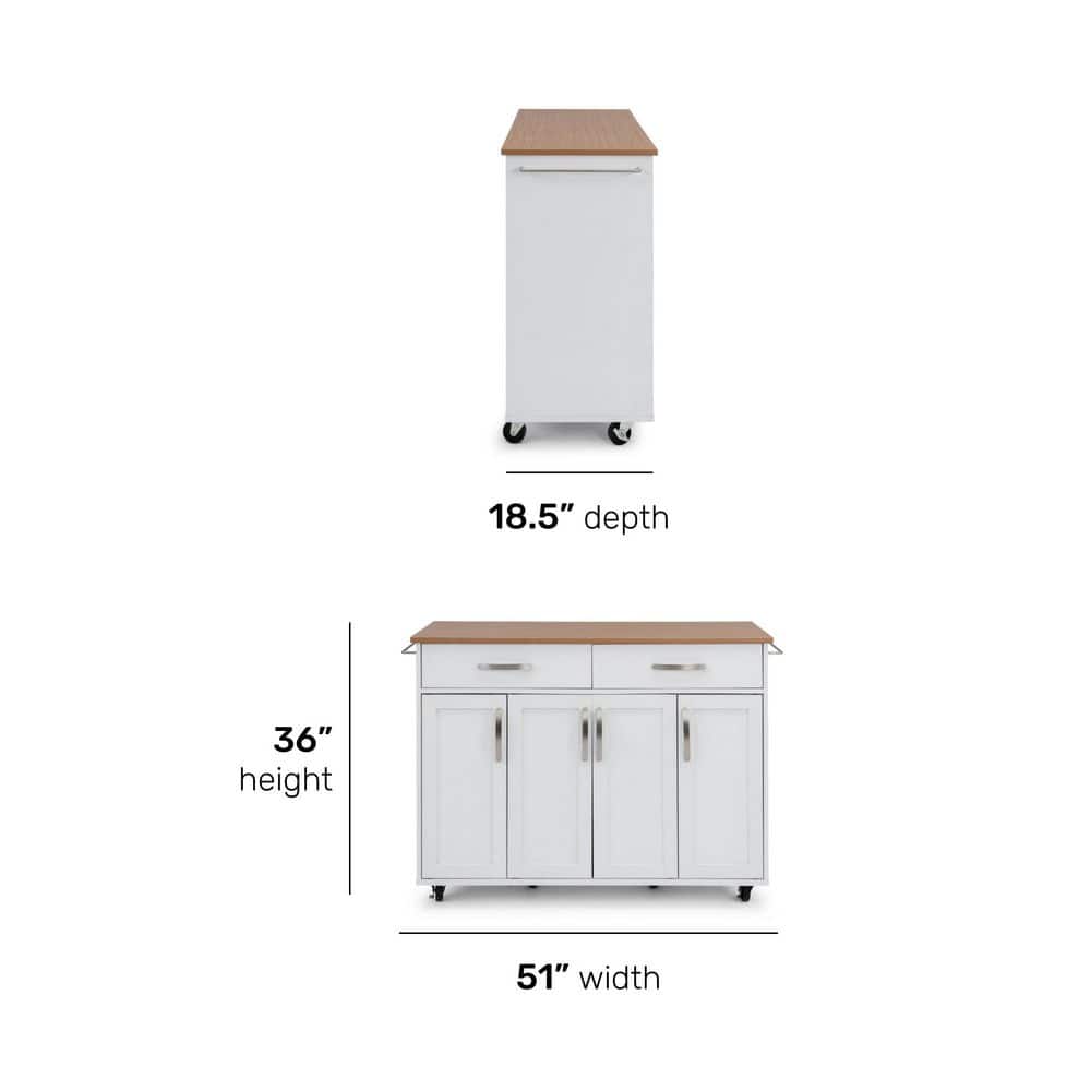 Off-White Wood Kitchen Cart with Storage and Laminate Top