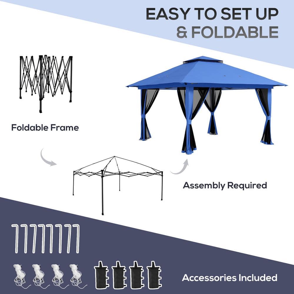 Blue 13' x 13' Pop-Up Canopy Gazebo Tent with Netting and Weight Bags