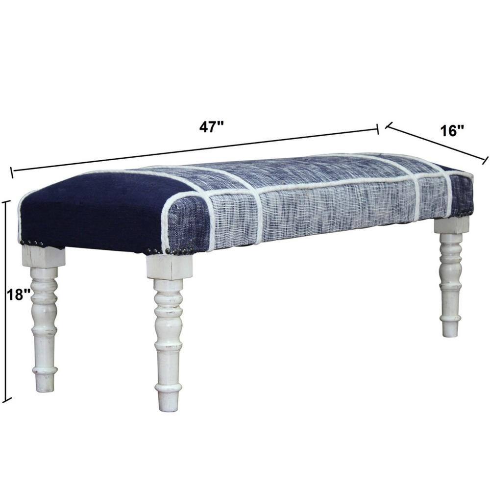 Navy and White Plaid Upholstered Storage Bench with Wood Legs