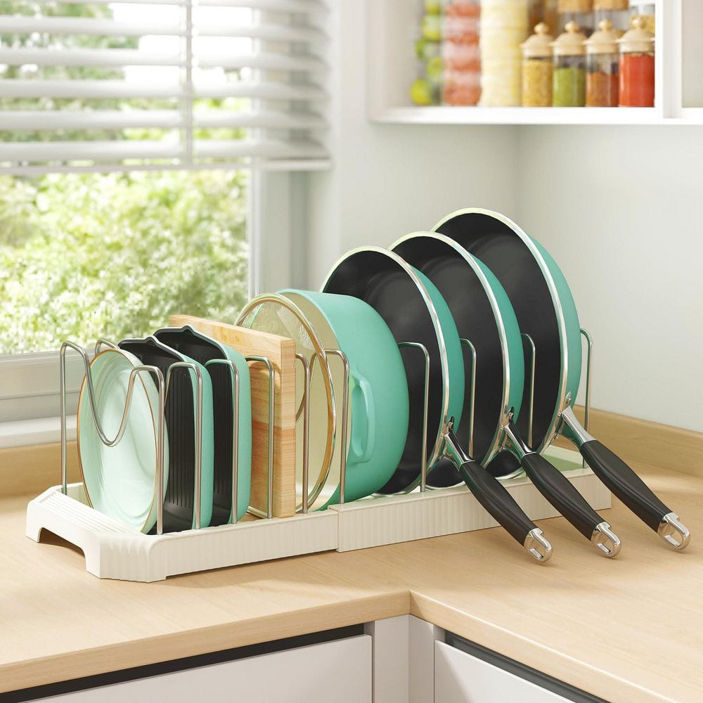 Anqtovp White Expandable Under Cabinet Pan Organizer Rack Pot Rack with ...