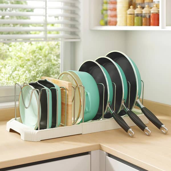 White Expandable Under Cabinet Pan Organizer Rack Pot Rack with 10 Adjustable Compartments Space Saver Kitchen Storage