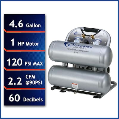 4610S Ultra Quiet and Oil-Free 1.0 HP, 4.6 Gal. Steel Twin Tank Electric Portable Air Compressor
