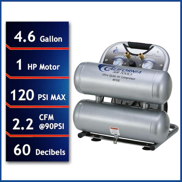 California Air Tools 4610S Ultra Quiet and Oil-Free 1.0 HP, 4.6 Gal. Steel Twin Tank Electric Portable Air Compressor