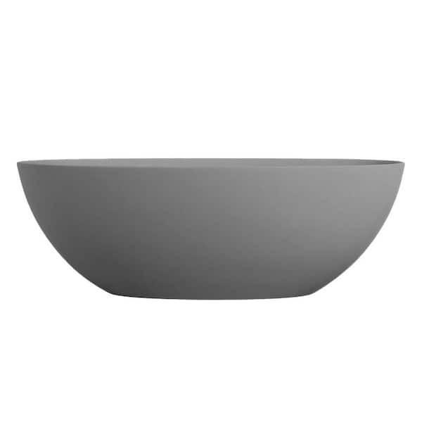 65 in. x 29.53 in. Freestanding Flat Bottom Solid Surface Stone Soaking Bathtub with Center Drain in Matte Gray