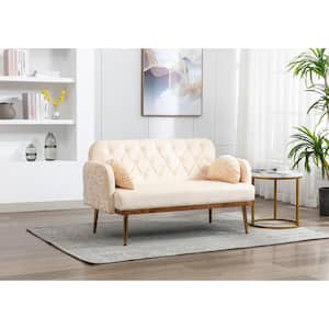 55 in. Square Arm Velvet Straight Loveseat Sofa Tufted Backrest Sofa Couch with Moon Shape Pillows and Metal Feet Beige