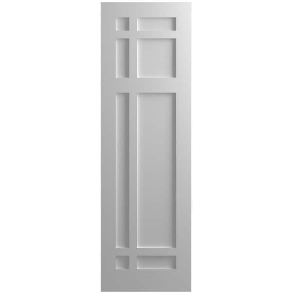 Ekena Millwork 18 in. x 32 in. Flat Panel True Fit PVC San Juan Capistrano Mission Style Fixed Mount Shutters Pair in Primed