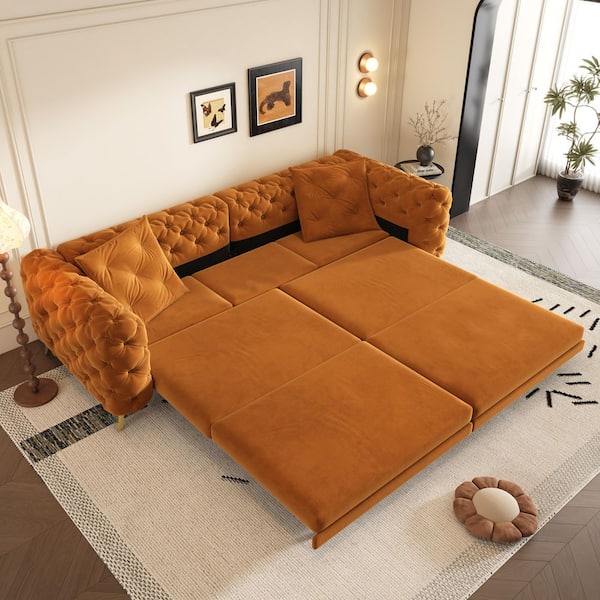 Judith 97.7 in. Orange Upholstered Velvet Convertible King Size Sofa Bed with Ottoman, Button Tufted