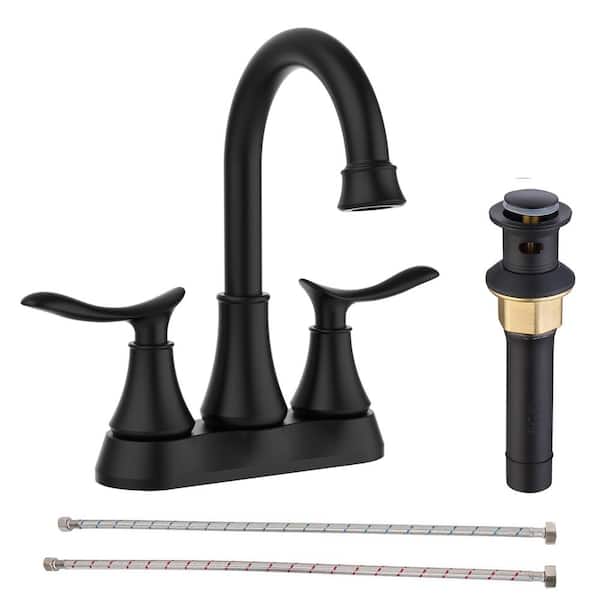 PERLIRIA INC 4 in. Centerset Double Handle Bathroom Faucet for Sink 3 Holes with Pop-up Drain Kit Included in Matte Black