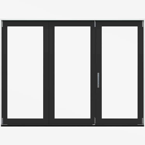 108 in. x 80 in. F4500 Left-Hand Black Fiberglass 3-Panel Folding Patio Door with Low-E Glass and Nickel Handle