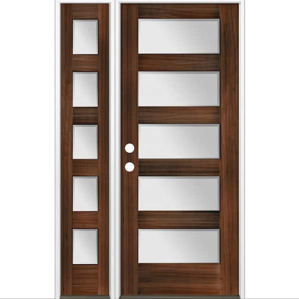 Krosswood Doors 50 in. x 80 in. Modern Douglas Fir 5-Lite Right-Hand/Inswing Frosted Glass Red Mahogany Stain Wood Prehung Front Door