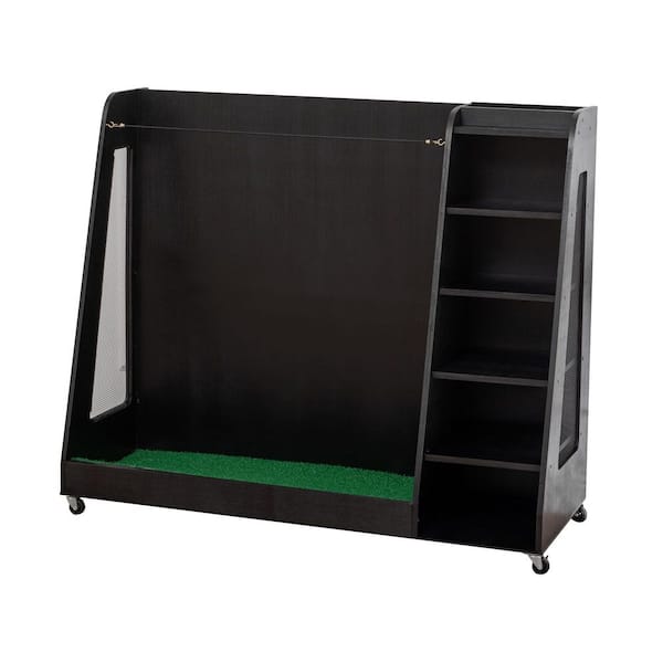 Black Wooden Golf Bag Organizer w/Wheels Stylish Golf Storage Rack Holds 3-Golf Bags